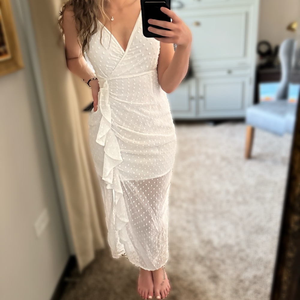 Lulus Midi Dress - White Dot Ruffled - Size XS